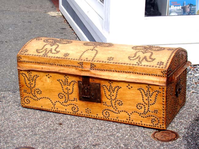 A fine and rare leather covered trunk with tulip motif decoration, probably Dutch circa 1750